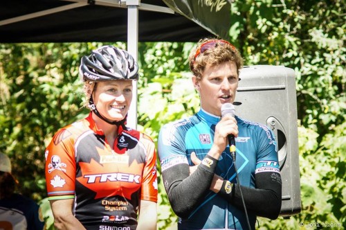 Melanie Mcquaid and Brent McMahon giving speeches after winning XTERRA Victoria 2013