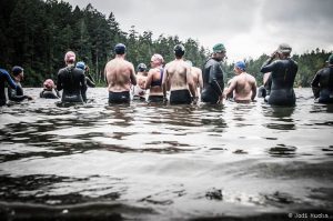 Swimmers waiting to start the 2013 Metchosin Triathlon in Matheson Lake