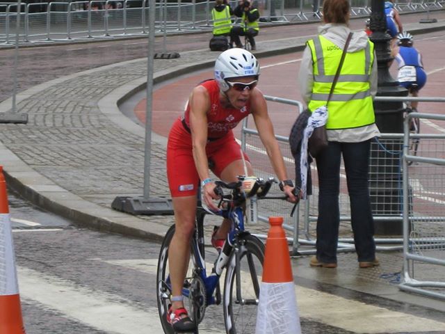 Nancy Carleton on the bike course in London at the 2013 ITU World Championship Sprint Distance