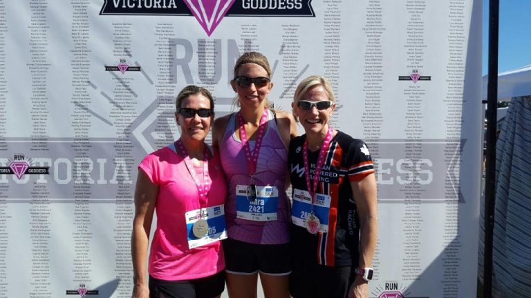 Sandy Wilson, Kara Hobby and Nadine Naughton at the finish of the Goddess 5k race
