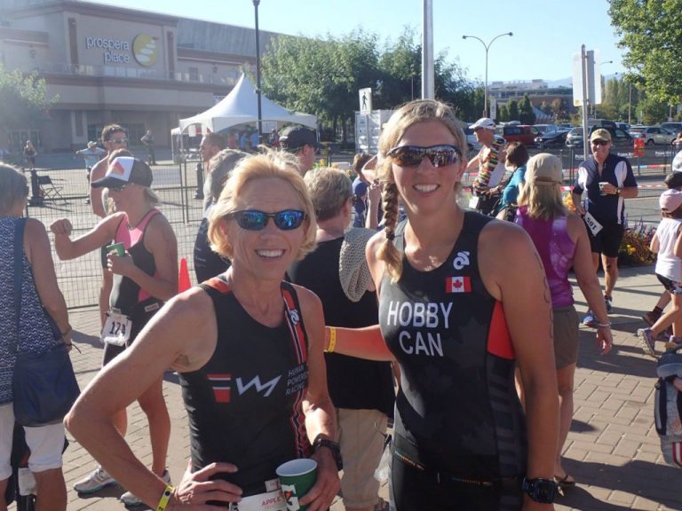 Nancy and Kara at the finish of the Apple Sprint Triathlon in Kelowna BC