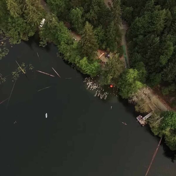 Aerial view of the lake during the XTERRA Race in Victoria.