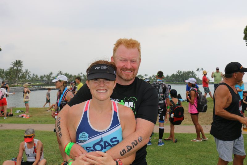 Colette Hopkins and Mark Hopkins at the finish of the Hawaii 70.3 in Waikoloa, Hawaii
