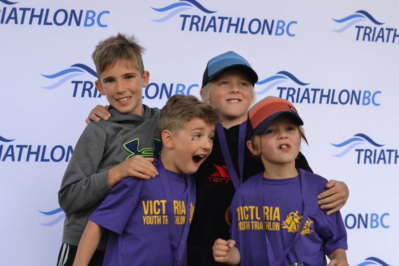 Volunteers, racers and supporters at the Victoria Youth Triathlon at UVic. 