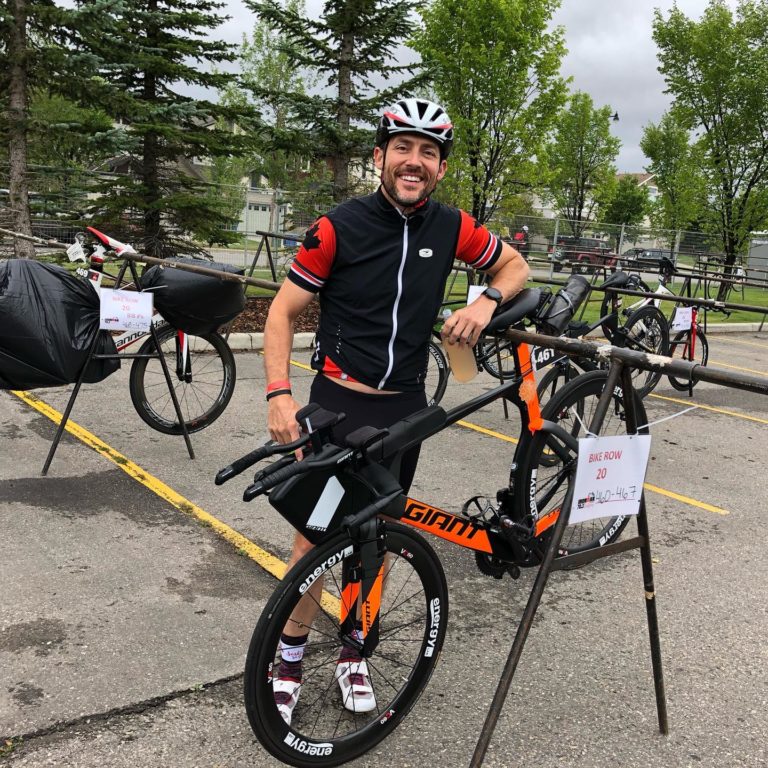 Chris Mavrikos at his bike rack at Calgary 70.3