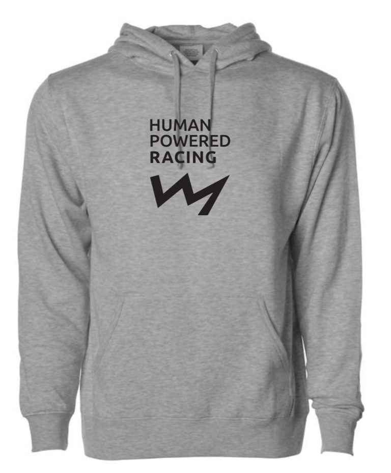 Light grey hoodie with text Human Powered Racing and a lightning bold in black on chest