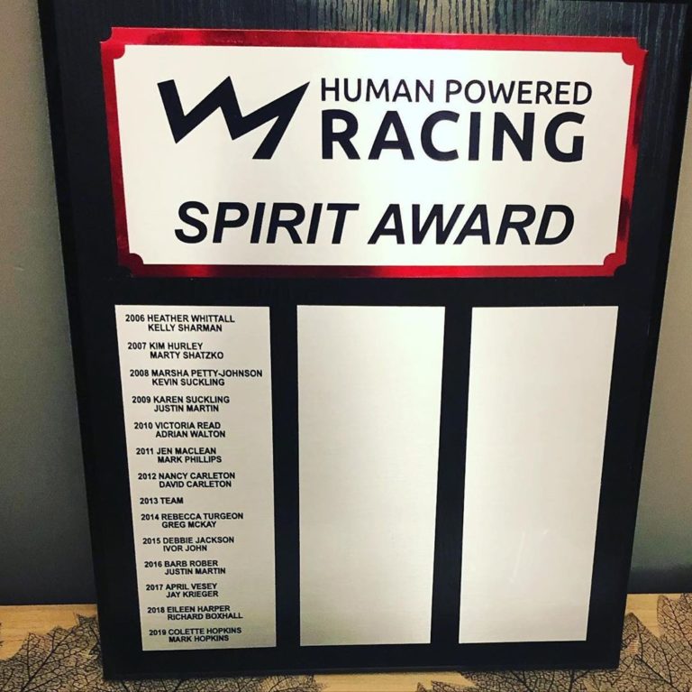 A rectangular award plaque with Human Powered Racing Spirit Award and a lightning logo on it lists winners in one column with two other blank columns to its left