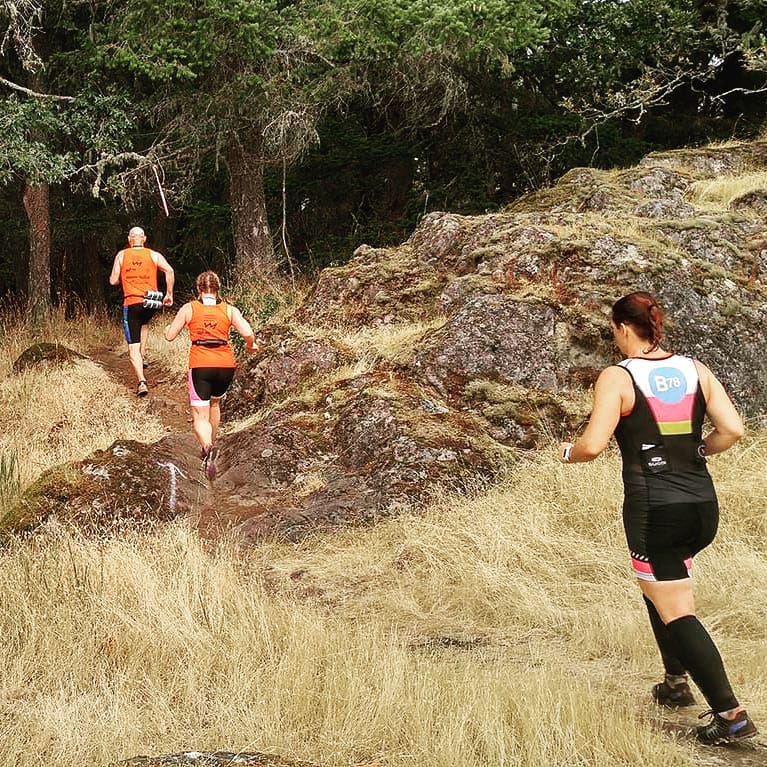 Backs of three runners visible as they leave yellow grass and rocks and head towards tree cover