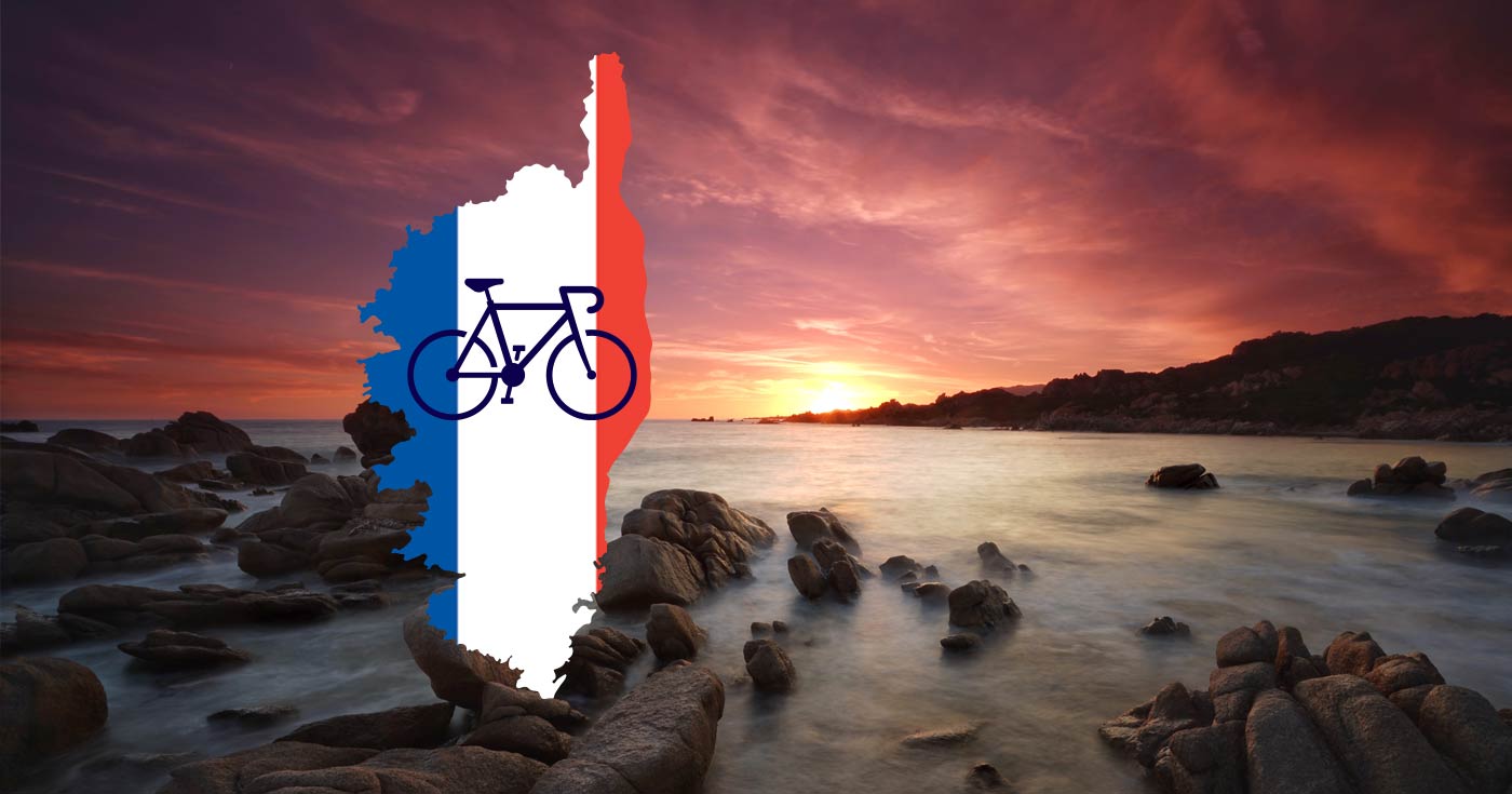 The Island of Corsica map and bike in French flag colours over a photo of the Corsica coastline.