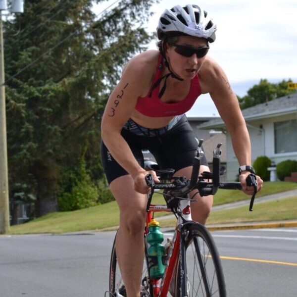 Cyclist coming in for the last triathlon lap.