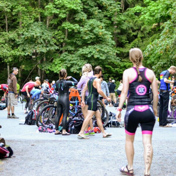 Athletes prepare for the race in the transition zone.