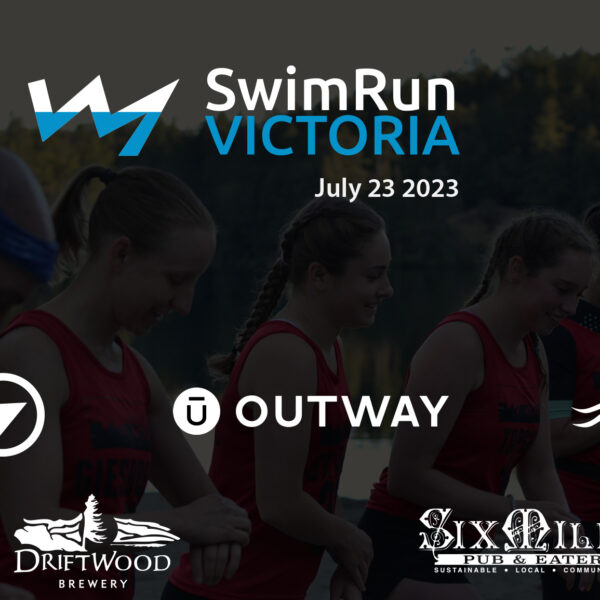 SwimRun Victoria 2023 logo and sponsor logos, like Arbutus Physiotherapy, OUTWAY, and Triathlon BC.