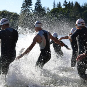 Swimmers entering the water at the 2023 Cowichan Challenge