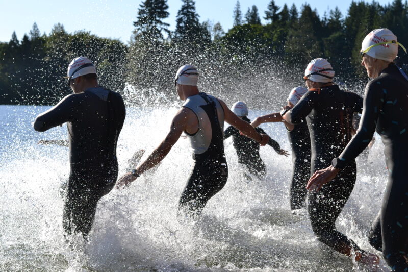 Swimmers entering the water at the 2023 Cowichan Challenge