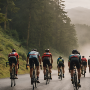 a group of gravel cyclists riding away from the POV on a gravel road surrounded by forest.