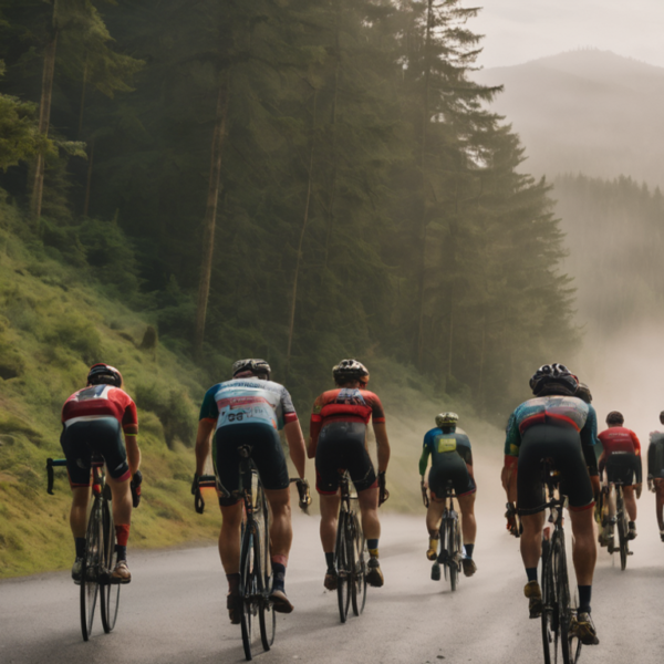 a group of gravel cyclists riding away from the POV on a gravel road surrounded by forest.