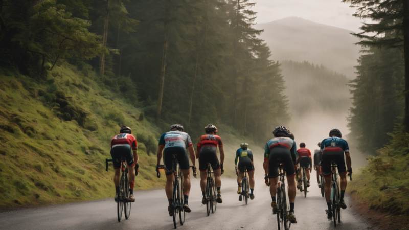 a group of gravel cyclists riding away from the POV on a gravel road surrounded by forest.