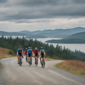 group of cyclists riding uphill on a gravel road with a lake in the background