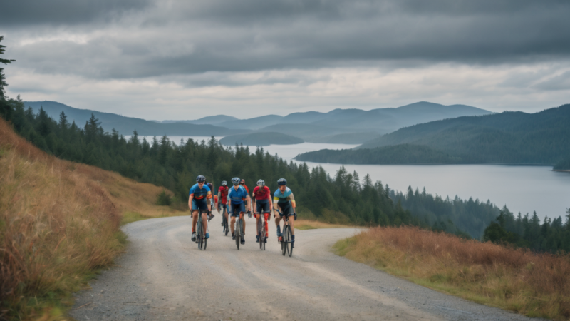 group of cyclists riding uphill on a gravel road with a lake in the background