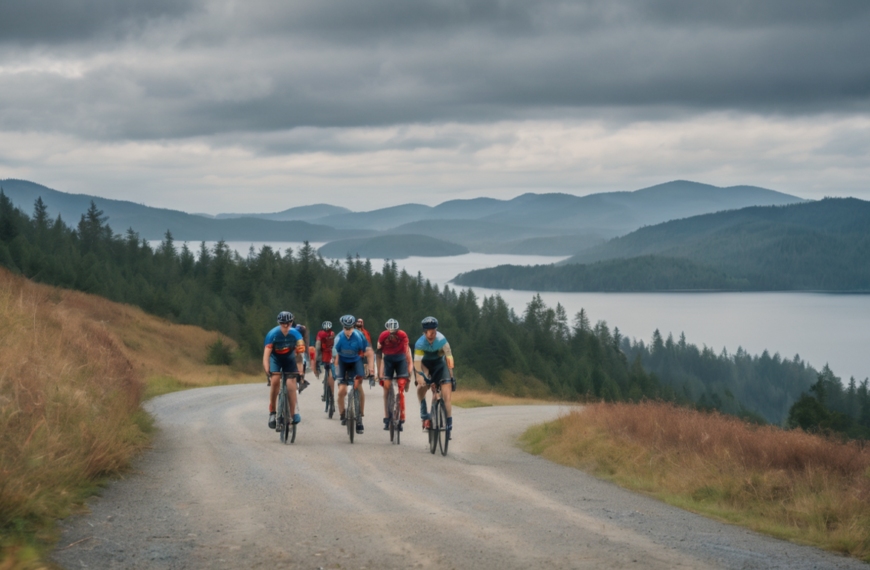 group of cyclists riding uphill on a gravel road with a lake in the background