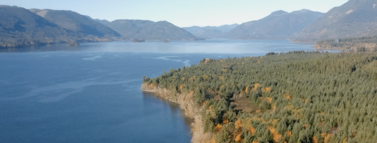 Aerial view of Cowichan Lake and the mountains around it.